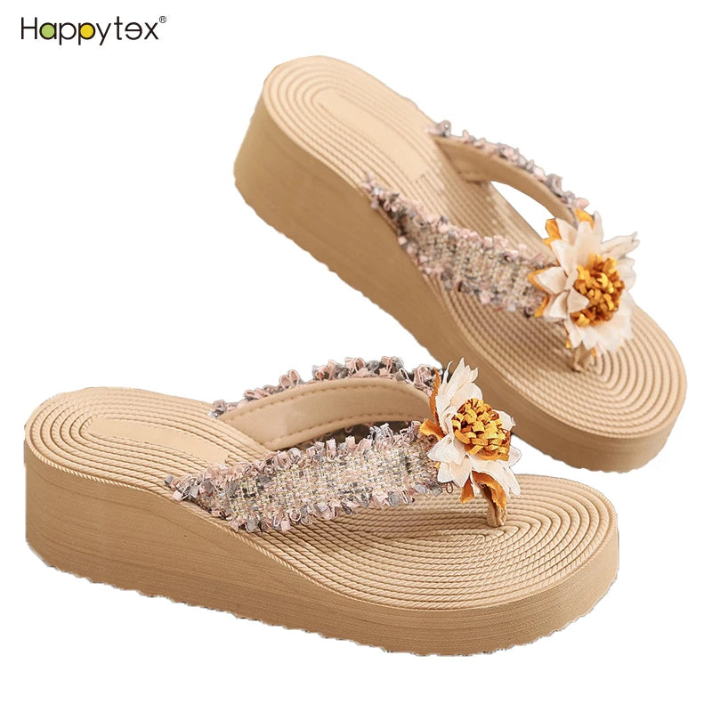 Female Custom Casual Modern Women Bohemia Floral Slope Heel Fashion Comfortable Flip Flop Slipper Beach Sandal Thong Slippers