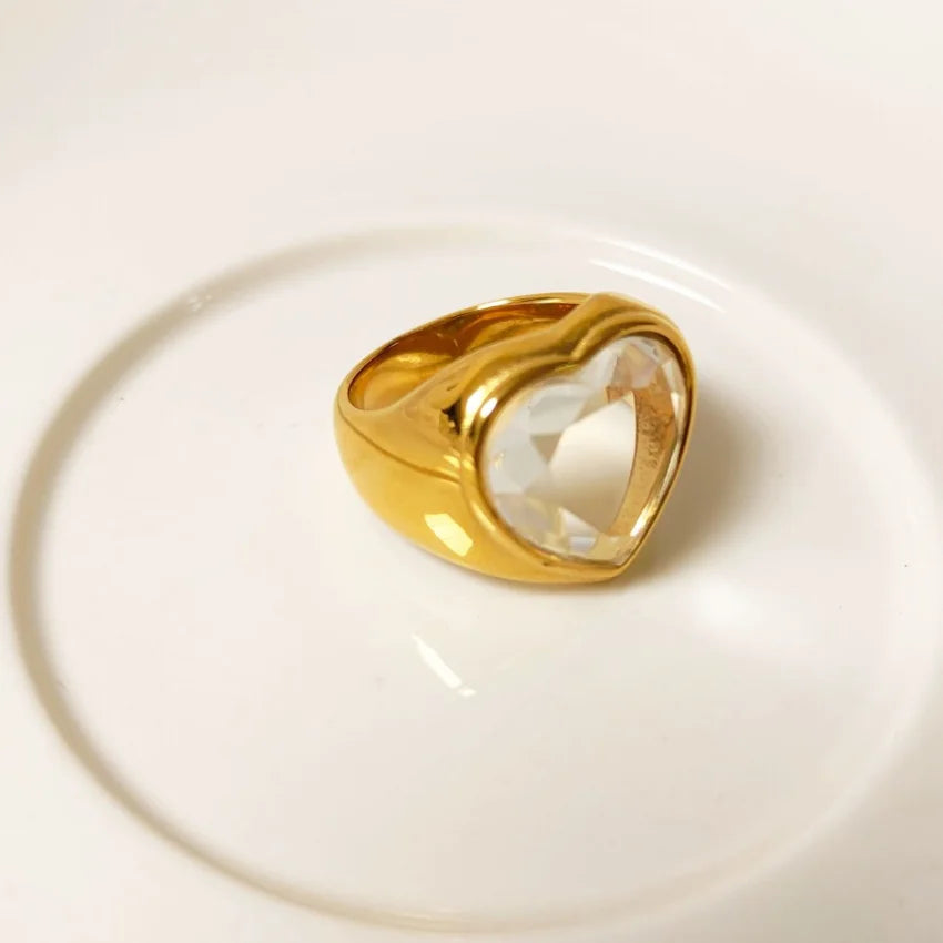Trendy Chunky CZ Heart Rings Stainless Steel 18K Gold Plated Minimalist Heart Gemstone Finger Ring Jewelry for Gifts