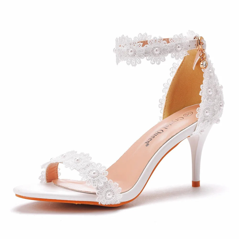 New Elegant Lace Pearl Ladies High Heels Pure Colour Fine Heel Ladies High Heel Sandals Wedding Shoes Party Banquet Dance Shoes