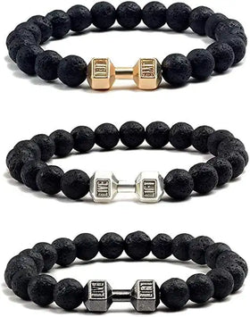 New Style 8mm Black Frosted Volcanic Lava Stone Sports Dumbbell Beaded Bracelets for Men & Women Fashion Jewelry Dumbbell Bangle