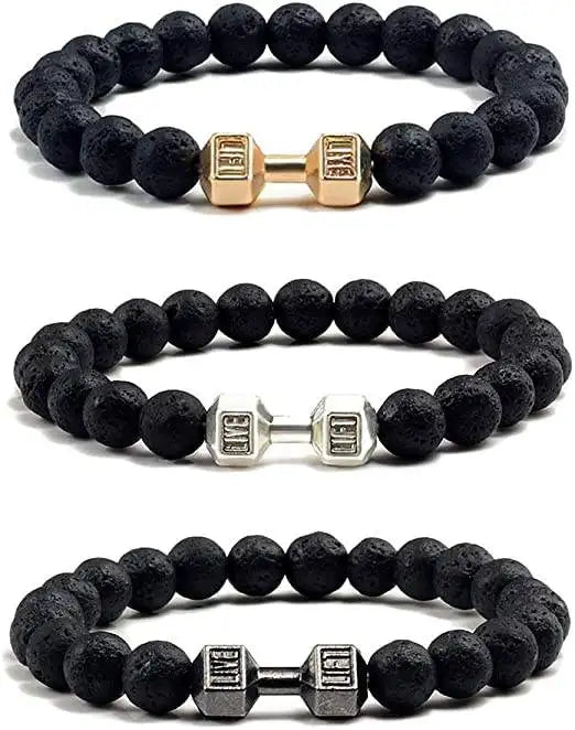 New Style 8mm Black Frosted Volcanic Lava Stone Sports Dumbbell Beaded Bracelets for Men & Women Fashion Jewelry Dumbbell Bangle