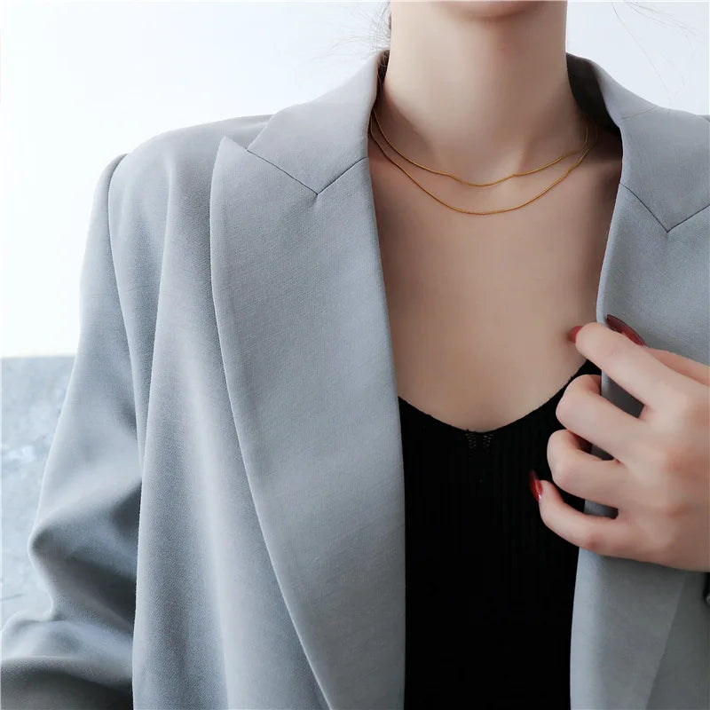 Womens Fashion Necklace Jewelry 18K Gold Plated Stainless Steel Around 2 Rows Double Layer Snake Chain Necklace Trendy Jewelry