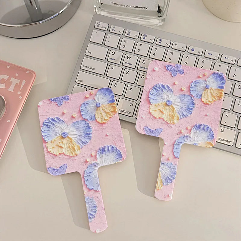 YUE New Wholesale Customized LOGO Flower Square Handheld Makeup Mirror DIY Portable Mini Handle Makeup Mirror