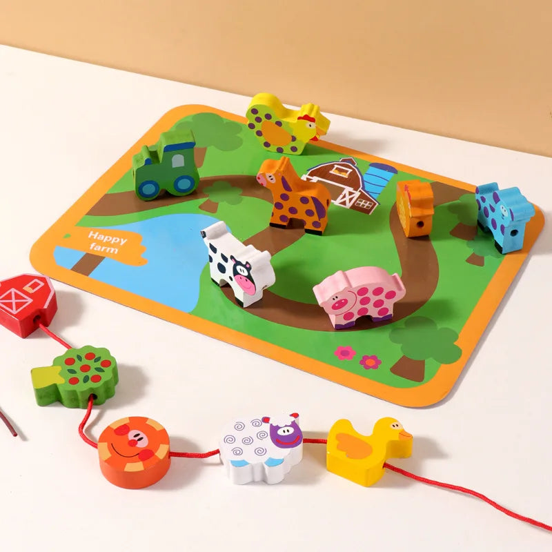 Montessori Educational Toddler Farm Animal Traffic Rope Threading Baby Wooden Building Blocks Toys