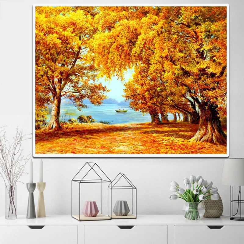 5D DIY Diamond Painting Autumn Forest Path Red Fallen Leaves Art Silk Fabric Poster Print Landscape Wall Living Room Decor