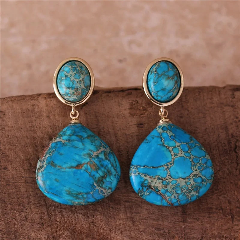 Popular Jewelry Trendy Turquoise Imperial Jasper Dangle Stud Earrings Gold Women Teardrop Natural Stone Drop Earrings Luxury Jewelry Wholesale