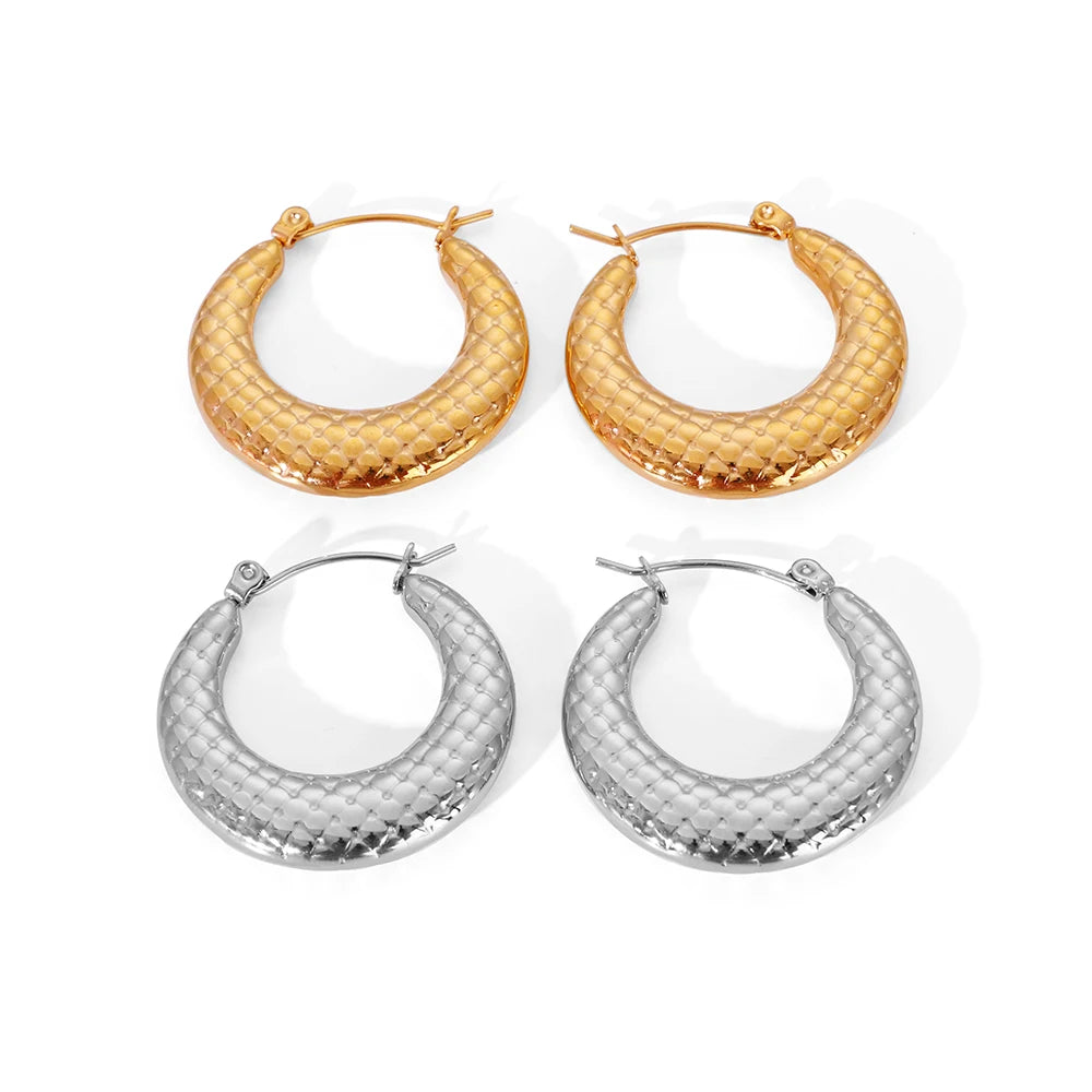 Popular Fashion Hammered Snake Pattern Hoop Earrings Stainless Steel 18K Gold Plated All-match Women's Temperament Earrings