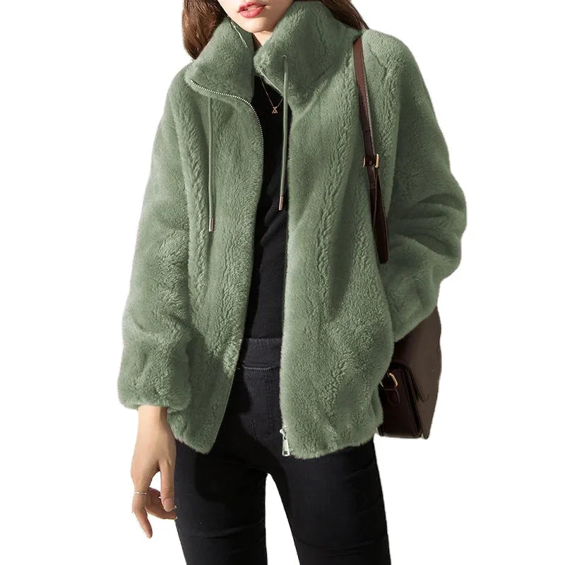 RNSHANGER Winter Ladies Casual Thickened Coat Fashion Women's Short Stand Collar Double-sided Velvet Coat Fur Coat Jacket