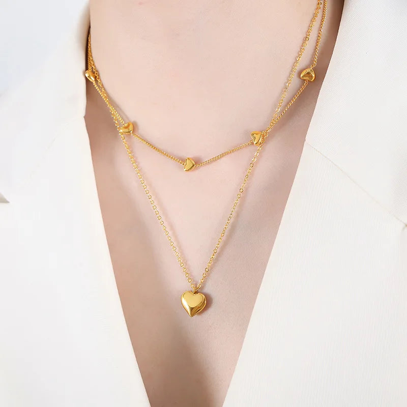 Fashion Jewelry Heart Pendant Double Layer Necklace Titanium Stainless Steel Chain for Women Girl Girlfriend P1500