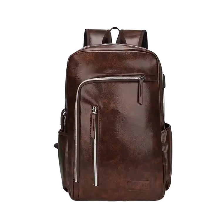 Men's Waterproof PU Leather Rucksack Stylish Vintage College Laptop Smart Luxury Backpack with USB Brown Vintage Fashion Style
