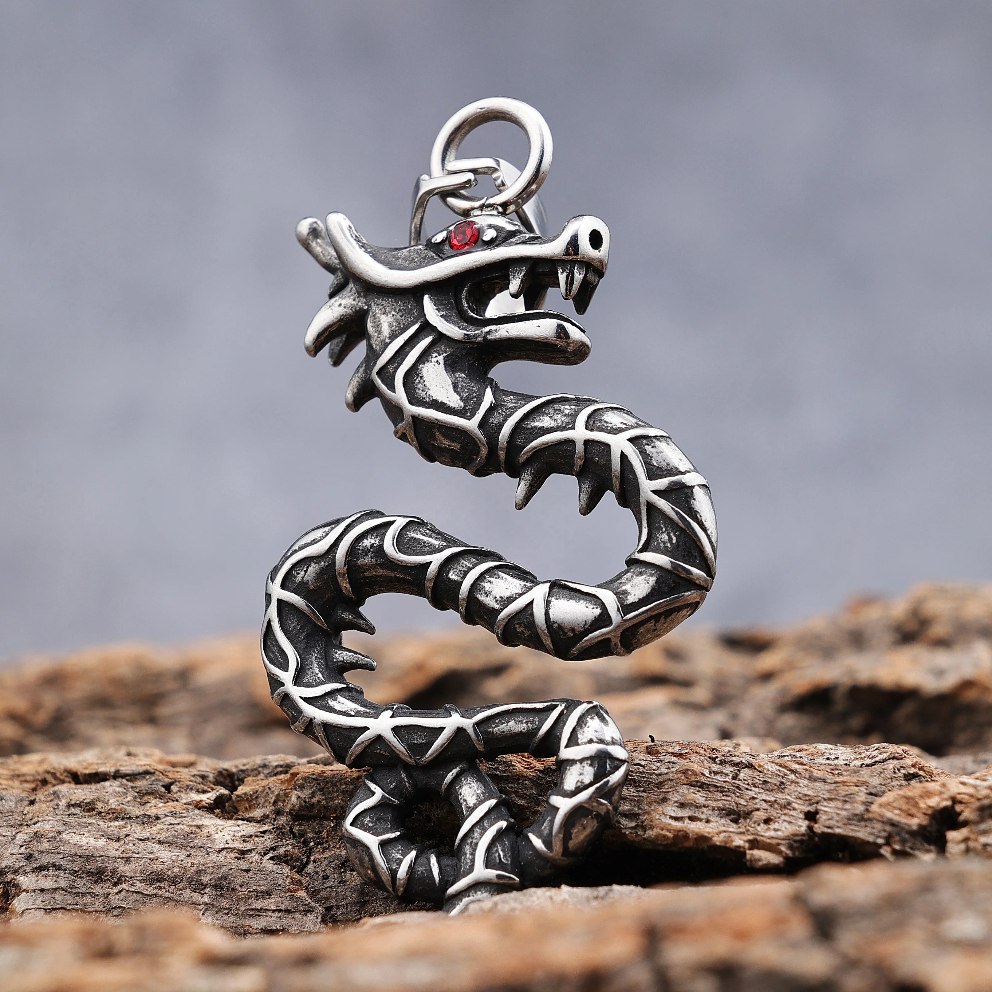 Retro Red Eyes Dragon Pendants Retro Stainless Steel Gothic Punk Dragon Necklace for Men Women