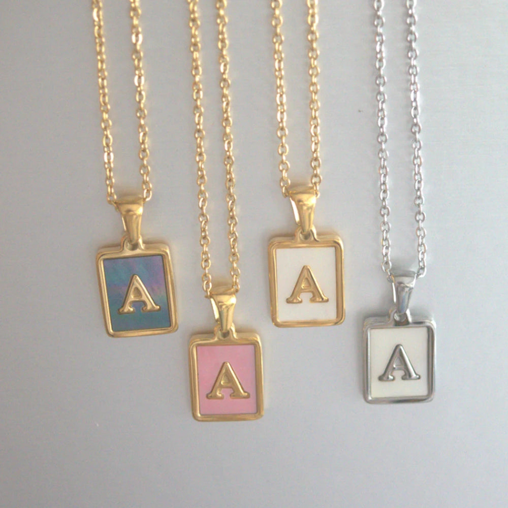 Stainless Steel 18k Gold Plated with Single Capital Alphabet Letter Necklace Natural Shell Inlay square Pendant Initial Jewelry