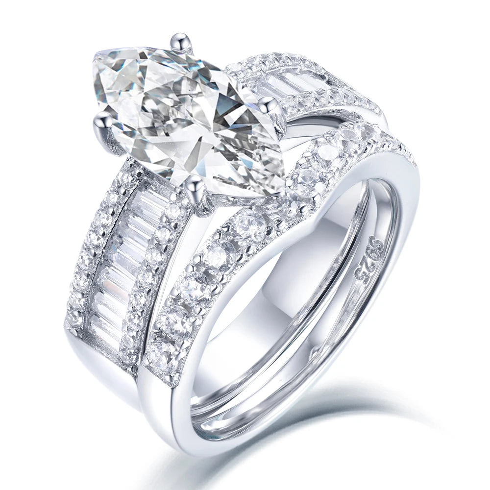 Tonglin TL-443 Luxury Women's Engagement 925 Sterling Silver Zircon Ring Set With Marquise Shape and Emerald Cut Stone Rings