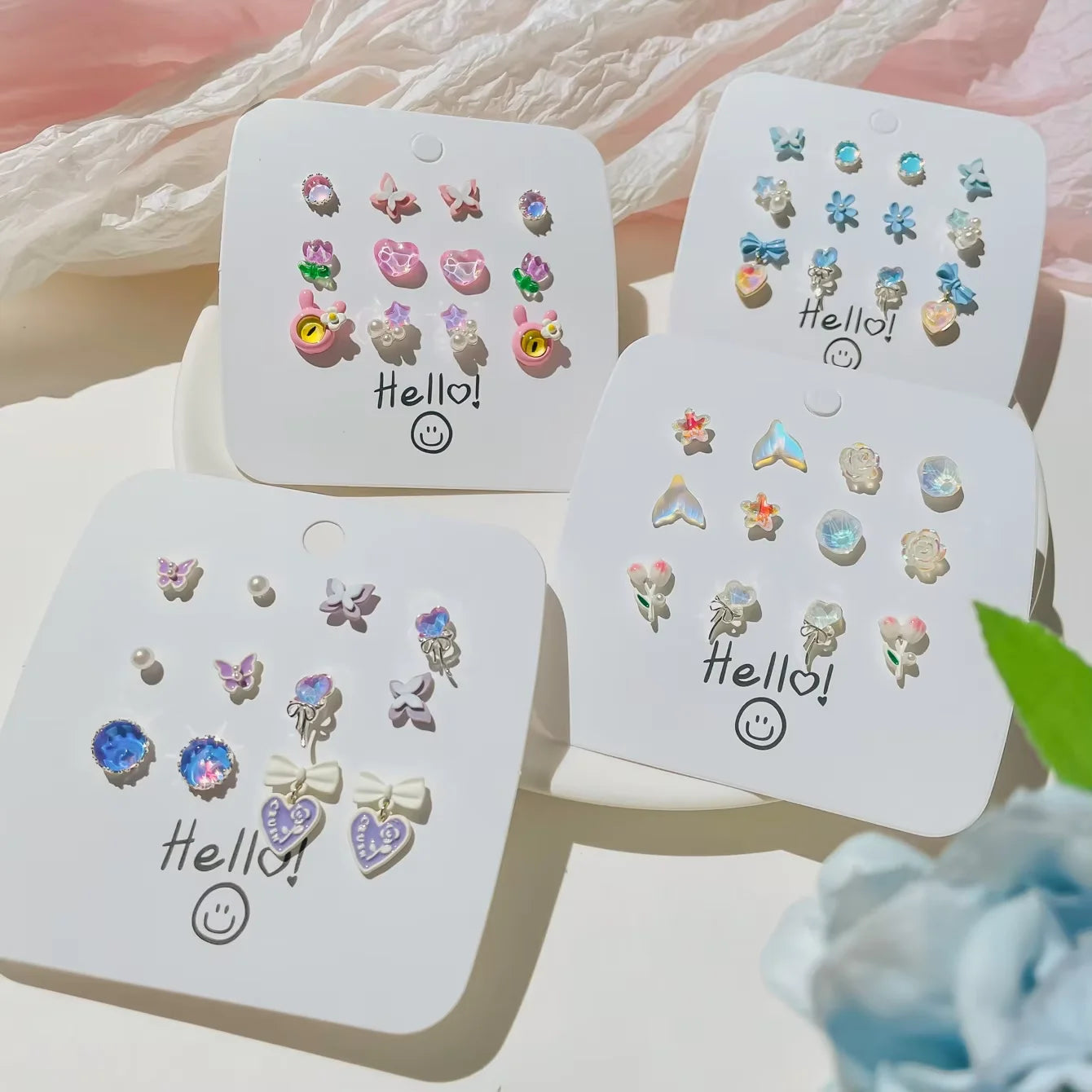 Wholesale Korean Style Sweet Fresh Flower Stud Earrings Set Butterfly Star Colorful Earrings Set for Girls