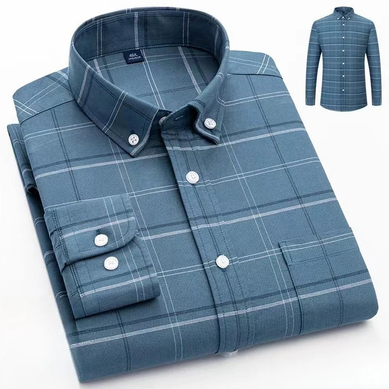 2026 High Quality Cotton Oxford Shirts for Men Plaid Pattern Formal Casual Plus Size Knitted Long Sleeve Breathable Spring OEM