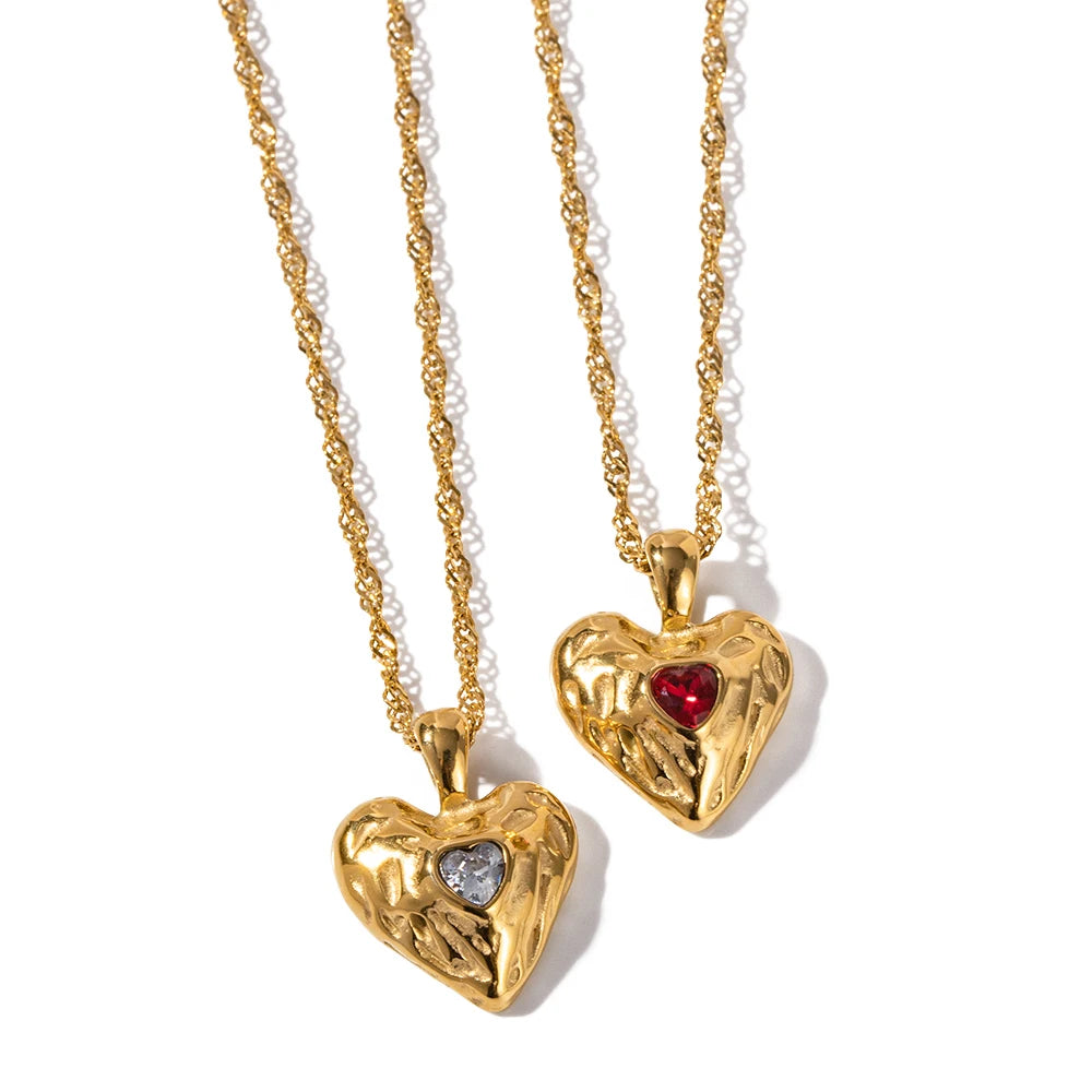 CZ Heart Lava Shape Pendant Necklace Peach Heart 18K Pvd Stainless Steel Clavicle Chain for Women