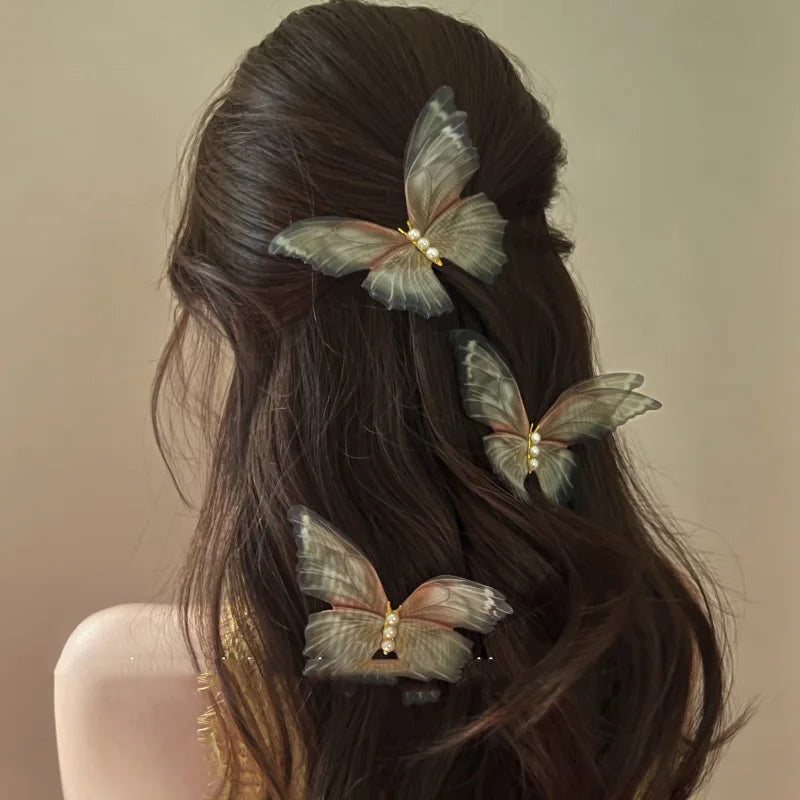New Embroidered Stereo Butterfly Hair Clips Fairy Pearl Mesh Fabric Girl's Bangs Hair Accessories Duckbill Clips