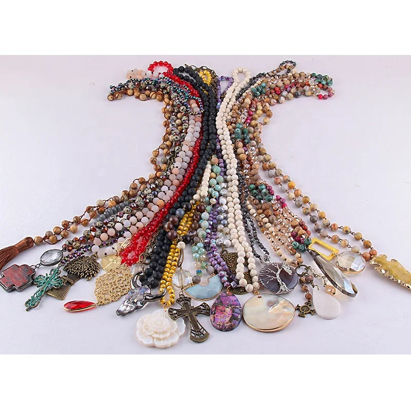 Women 20pc Different Design Mix Natural Stone Necklace Crystal Glass Skull  Cross Tassel Necklace Jewelry Set