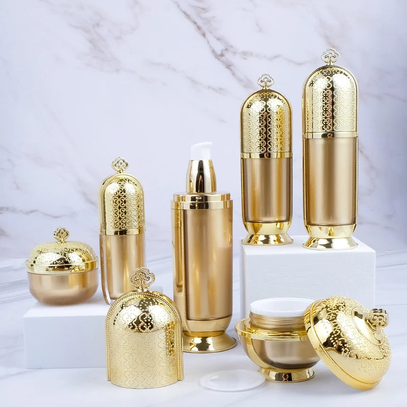 5g 10g 30g 50g 10ml 30ml 50ml 120ml Luxury Gold Polyhedron Cosmetic Empty Plastic Acrylic Jar and Bottle Set