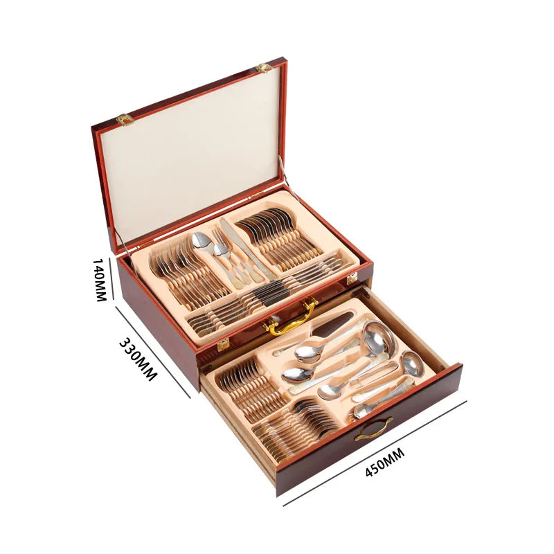 Wholesale 86-Piece Luxury Stainless Steel Flatware Set in 2-Tier Wooden Case Canteen of Cutlery for 12 Persons