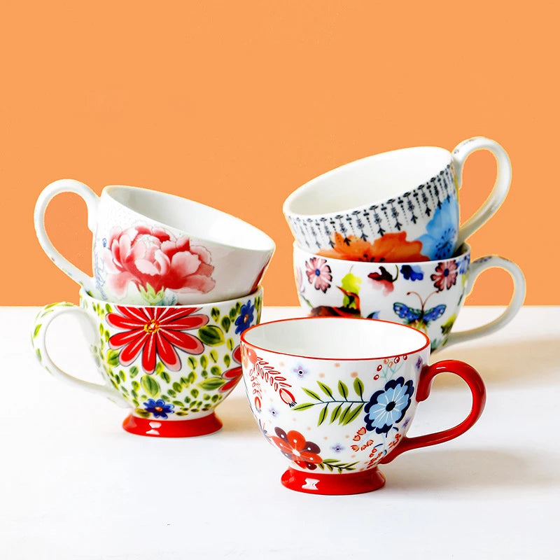 American Style Hand-painted Ceramic Cup Creative Pastoral Style Mug Large Capacity Breakfast Cup Home Oatmeal Cup