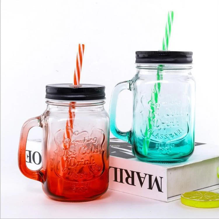 Wholesale Square 16 OZ Cold Beverage Use Bulk Glass Mug Colored Juice Mason Jar Drink Cup With Handle and Straw