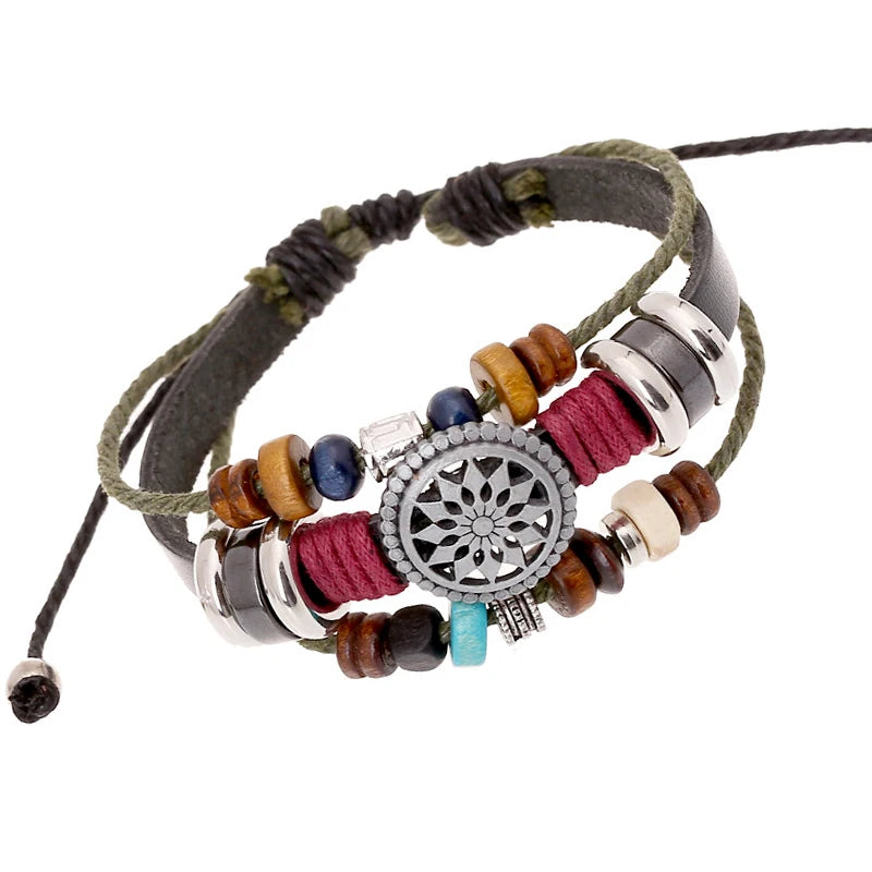 Handmade Charm Sunflower Adjustable Vintage Mulit Layer Wrap PU Leather Bracelet Jewelry for Men
