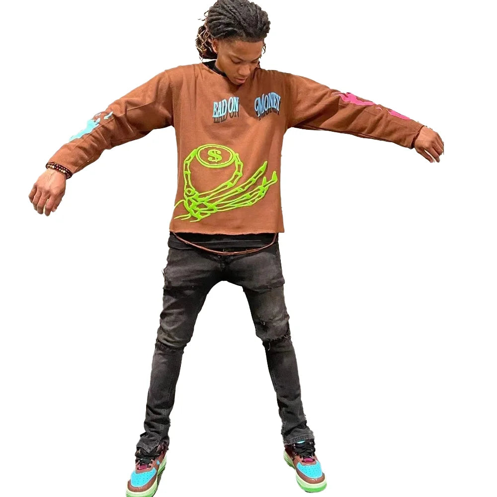 KY Men's Summer Cotton Fishing Shirts Casual High Collar With 3D Puff Print Long Sleeve Raw Edge Neck Design Custom Logo
