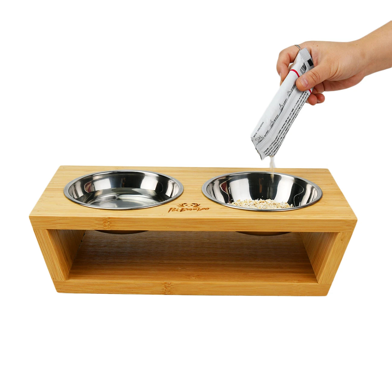 2026 Modern Elevated Dog Cat Food and Water Bowls Bamboo Feeder Stand with Anti Slip Feet for Living Room Furniture Pet