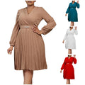 D497 Latest Design Dresses Women Lady Elegant V-neck Solid Color Long Sleeve Pleated African Women Office Dress