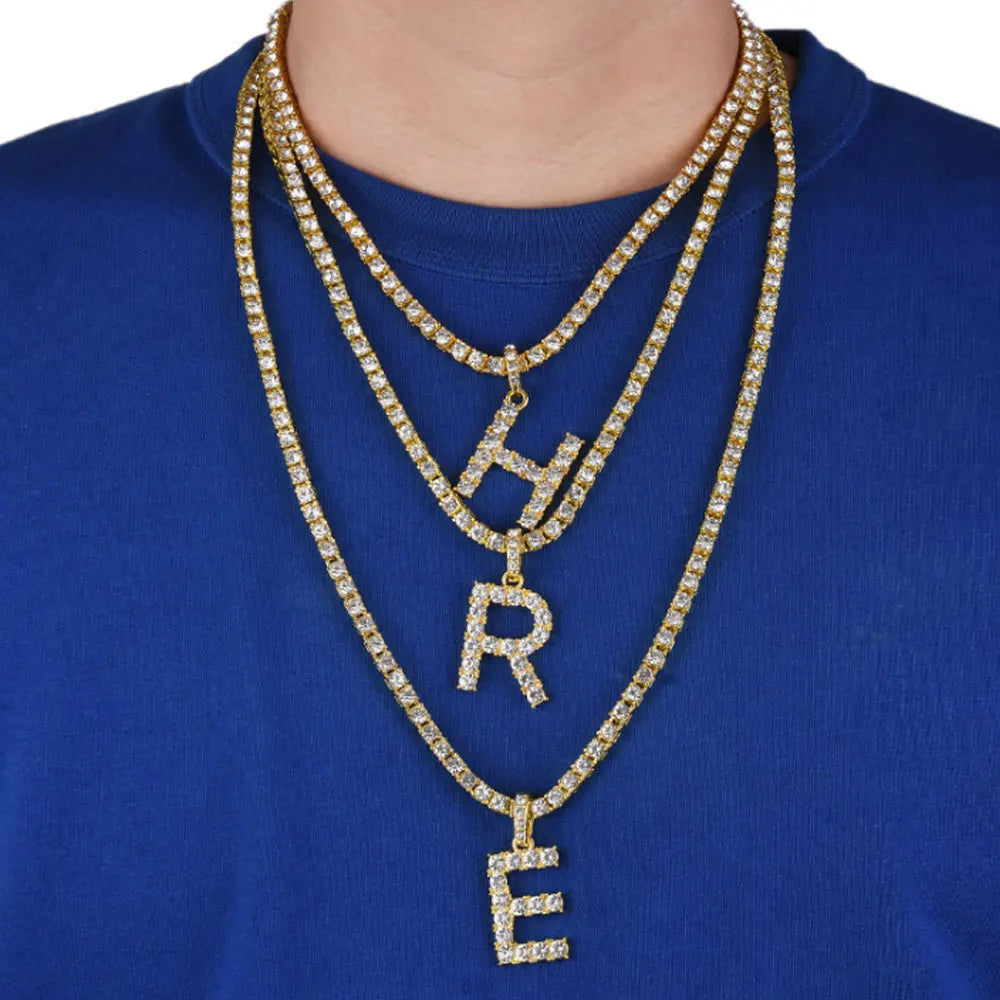 24 Inches Rhinestone Diamond Capital Alphabet Letter Pendant Initial Necklace  Tennis Chain Hip Hop Jewelry Men