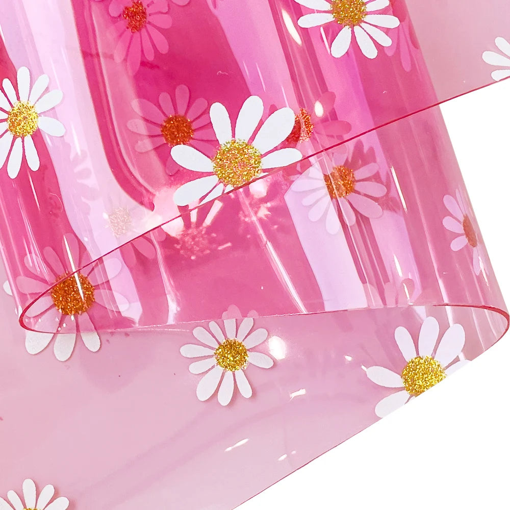 30 X 135 cm Large Scale Daisy Printed Jelly Vinyl Fabric 0.8mm Clear Flower Design PVC Plastic Film Roll for DIY Projects