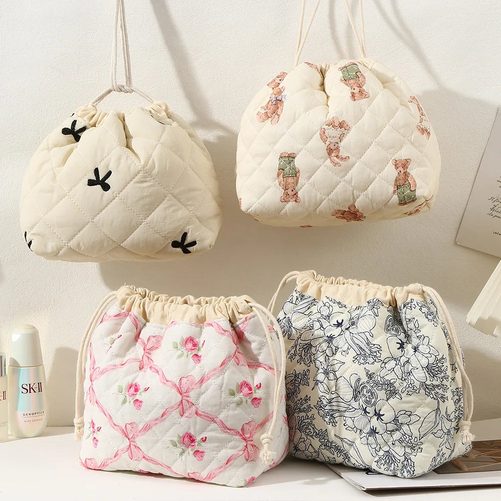 High-End Portable Travel Storage Bag Large Capacity Quilted Drawstring Cosmetic Case New Cotton Makeup Bag