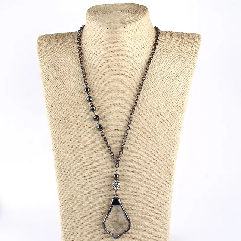 Fashion Women Ethnic Jewelry Black Gun Rosary Chain Crystal Glass Freshwater Pearl Necklace Drop Star Cross Pendant Necklace