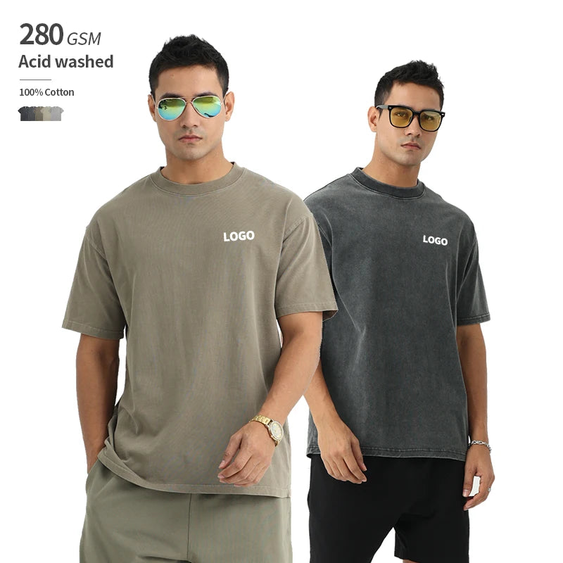 280 GSM 100% Cotton Distressed Acid Washed Tee Shirts Wholesale OEM Custom Logo Heavyweight Men Vintage T Shirt