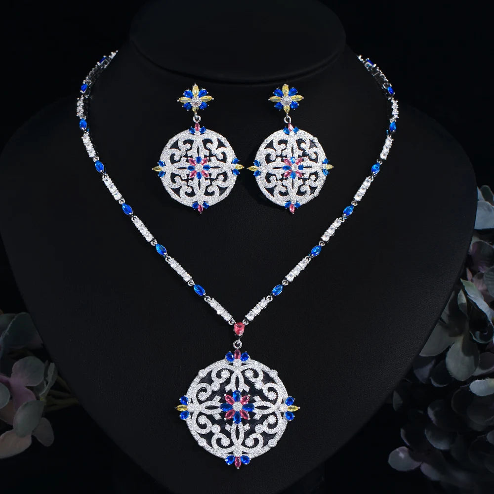 Vintage Ethnic Multi Color Cubic Zircon Jewellery Wedding Big Pendant Long Drop Necklace and Earrings Bridal Jewelry Set