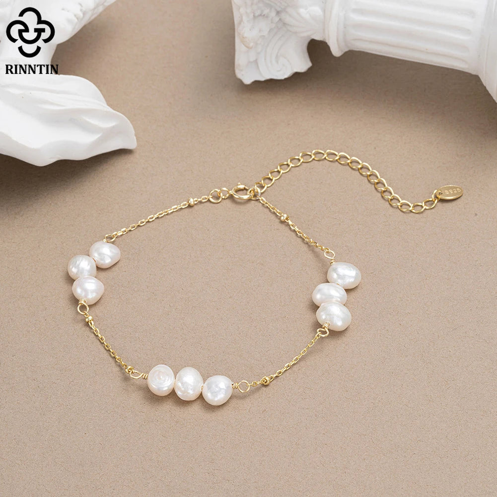 RINNTIN GPB22 New Arrival Fashion Jewelry Charm Bracelets 925 Sterling Silver 14k Gold Plated Pearl Bracelet Women