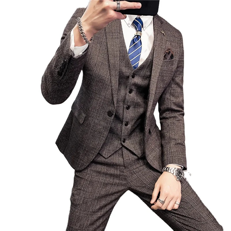Fashion Mens Plaid Casual Business Suit High-end Social Formal Suit 3 Pcs Set Groom Wedding ( Jacket + Vest + Pants )