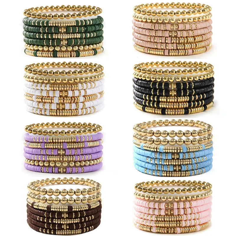 Gold Plated Beaded Bracelets Women Men Bohemian Friendship Clay Stretch Layered Geometric Beads Summer Beach Jewelry Kit