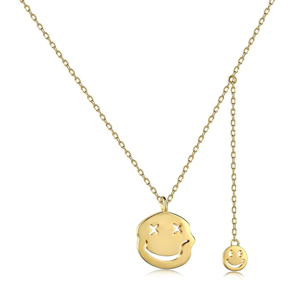 Vogue Funny 925 Sterling Silver Round Gold-Plated Unisex Necklaces 18K Simply Coin Smile Face Chain for Women