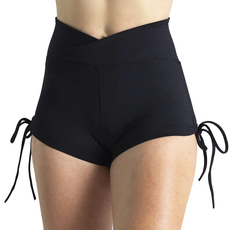 China Factory Custom Logo Printed High Crossover Waist Band Adjustable Side Scrunching Gym Shorts Women Yoga Shorts