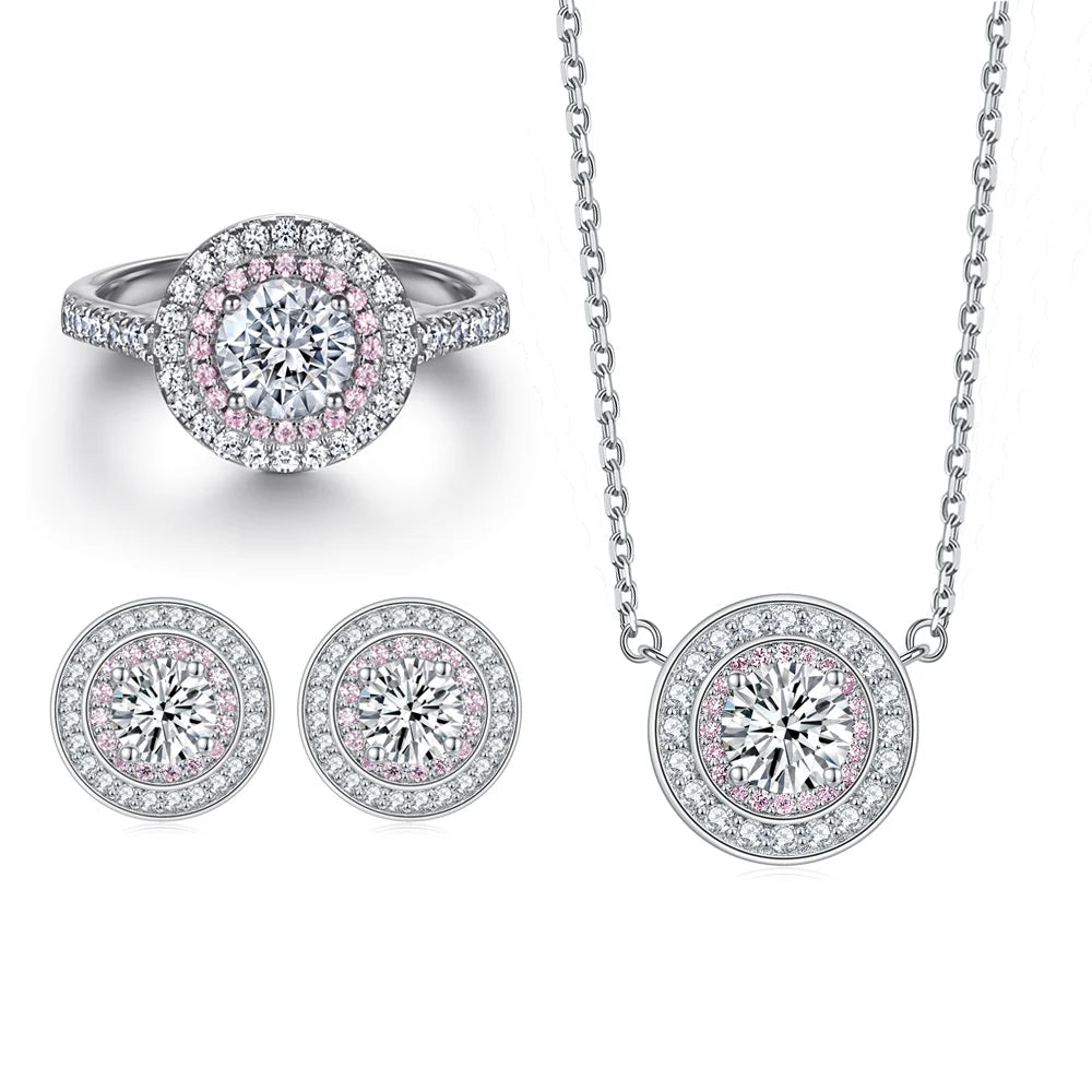 New Trendy Cubic Zircon Prong Setting Round Pink Halo 925 Sterling Silver Jewelry Set