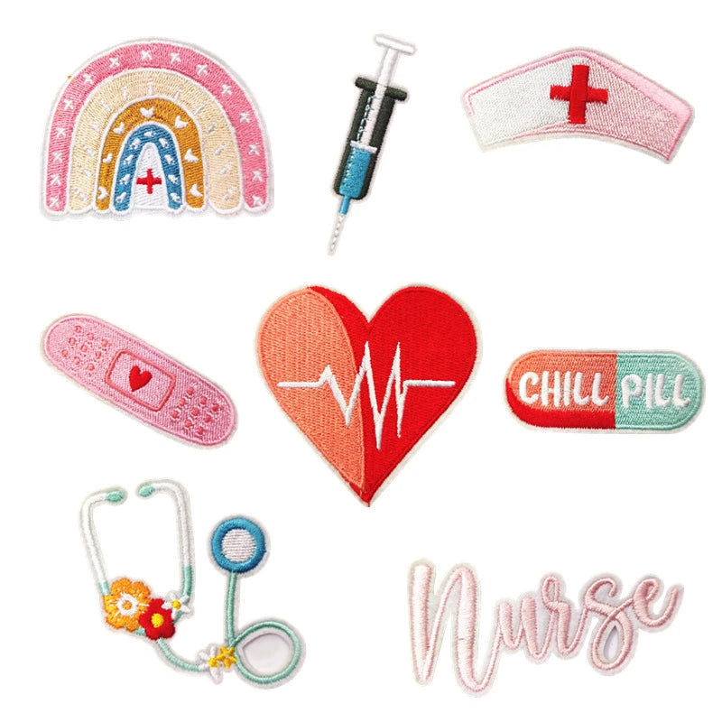 Iron on Embroidered Pink Style Echometer Nurse Cap Capsule Heart Patches for Doctor Nurse Clothes Bag Decoration