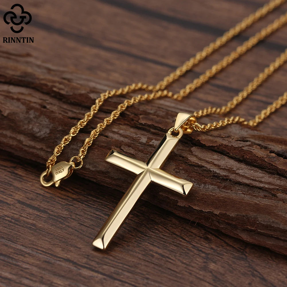 RINNTIN SNMN01 2023 Trendy Initial Silver Necklace 925 Sterling for Men 18K Gold Plated Cross Pendant Leather Chain