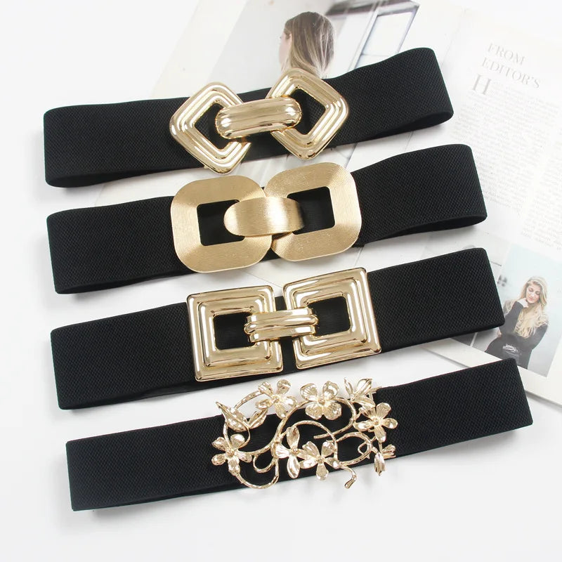 2022 New Retro Geometric Gold Metal Flower Belt Diamond Double Ring Buckle Elastic Waistband for Dress Wide Belt