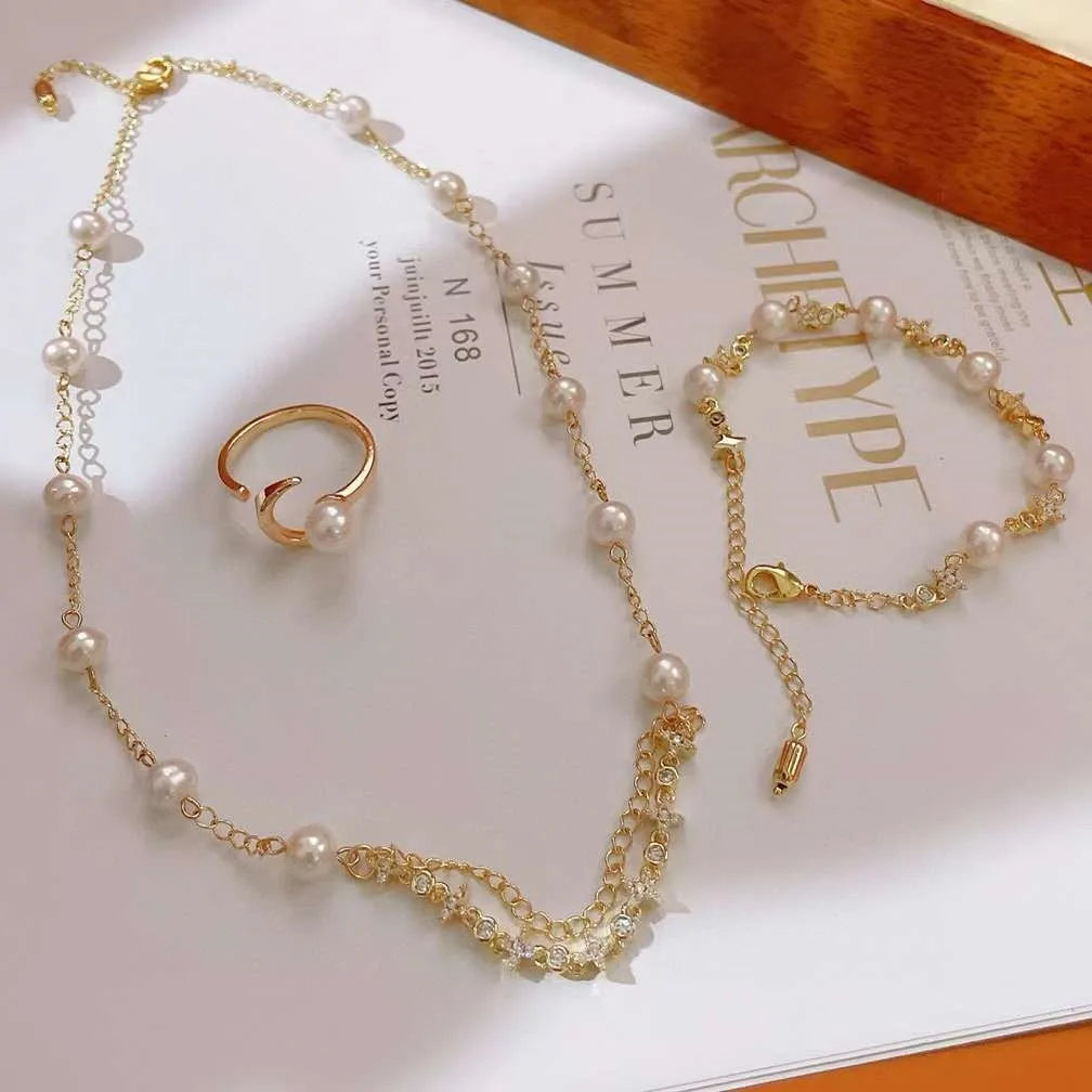 Natural Freshwater Akoya Baroque Pearl Gold Plated Necklace Earrings Ring Set 3-Piece Party Jewelry 6-7MM