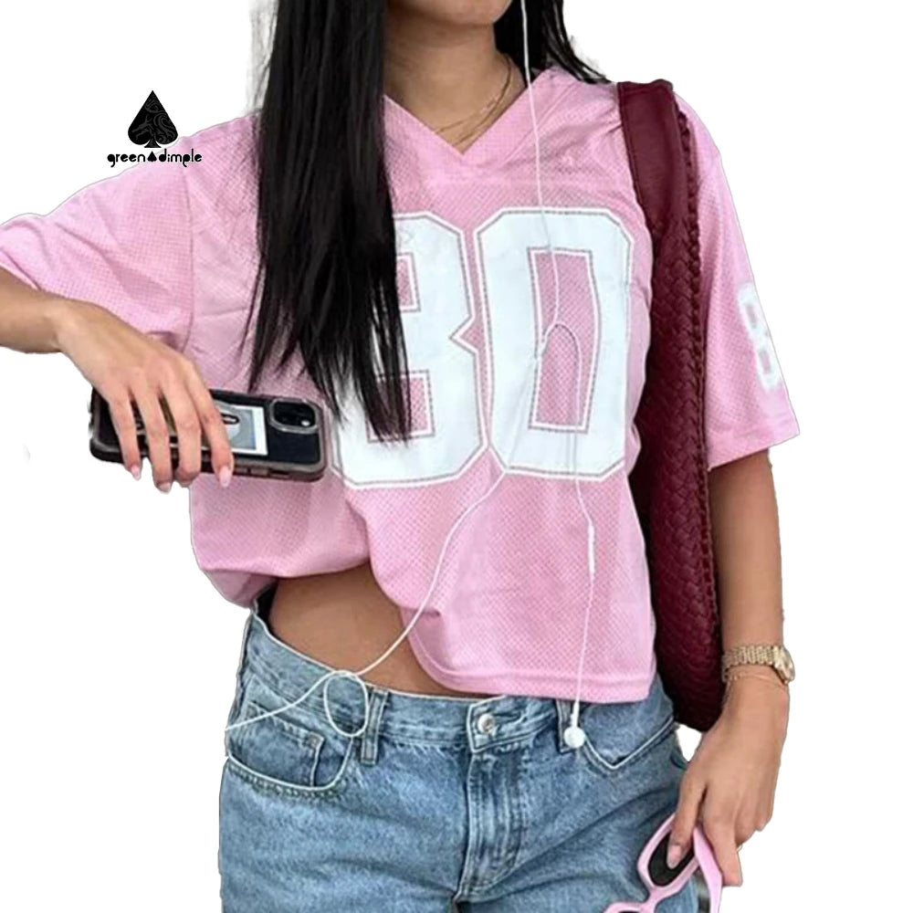 Women's Green Dimple Summer Retro Hip Hop Jersey High Street Loose Short Sleeve T-Shirt with 3D Pattern Wholesale