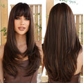 Synthetic Brown Long Straight Wigs with Bangs Natural Cosplay Hair for Women Party Heat Resistant Fiber Wig