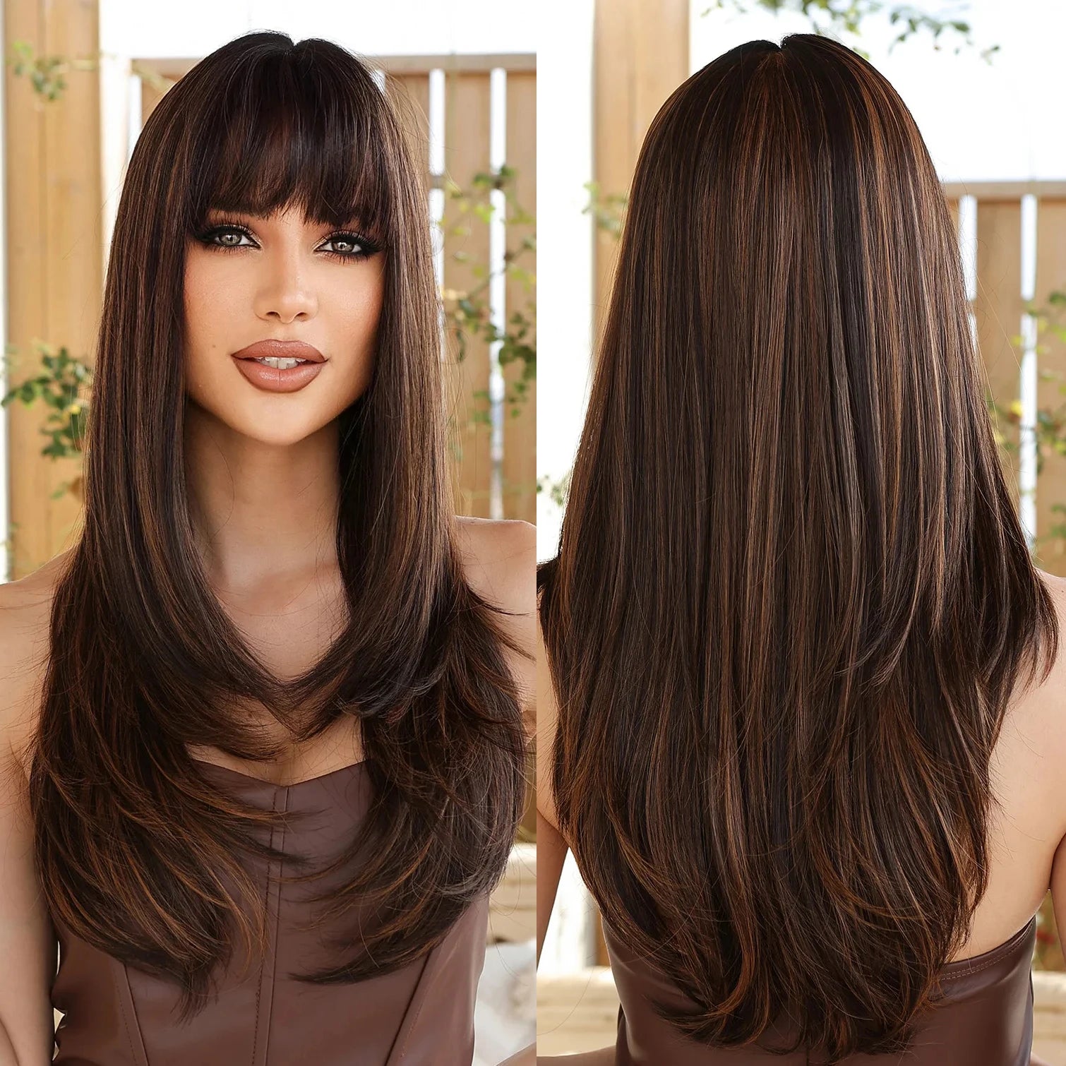 Synthetic Brown Long Straight Wigs with Bangs Natural Cosplay Hair for Women Party Heat Resistant Fiber Wig