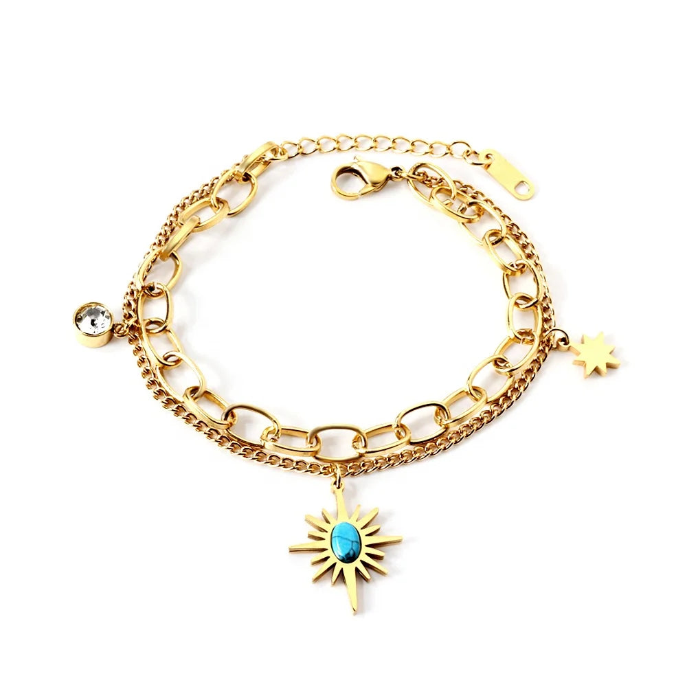 Fashion 18k Gold Plated Stainless Steel Jewelry Star Turquoise Bracelet Wholesale Charm Double Layer Bracelet for Women